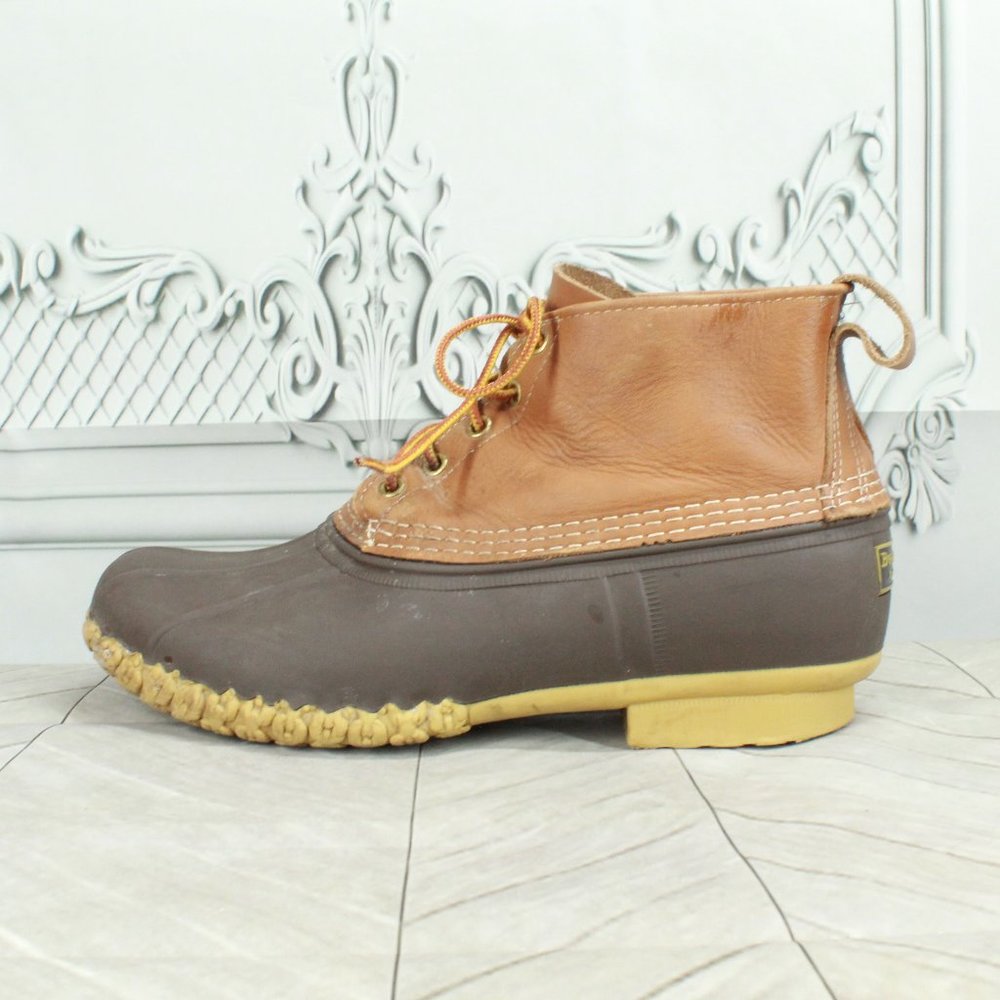 LL BEAN Unlined Brown Leather Lace-up Duck Bean Boots Size 10 M - Picture 1 of 11